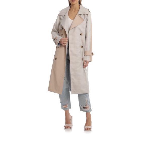 Avec Les Filles Plaid Trench Coat - XS - Tan & Blue Classic Preppy Fall Layering - Picture 2 of 10